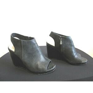 Cole Haan Grand OS Black Leather Ankle Strap Peep Toe Bootie Wedge Heels 8.5 M